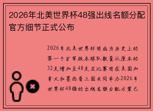2026年北美世界杯48强出线名额分配官方细节正式公布